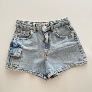 Zara Blue High-Waisted Cargo Denim Shorts 10 Girls